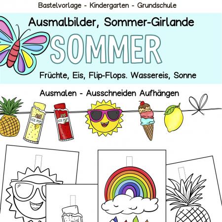 Sommer Basteln, Ausmalbilder, Kindergarten, Grundschule, Girlande