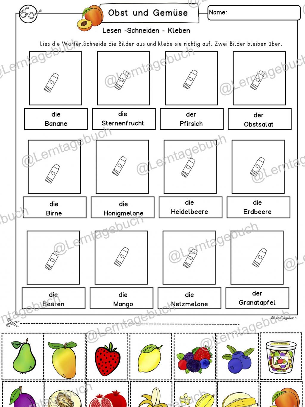 Leseübung Lernwörter Wortschatz Obst und Gemüse Lesen lernen Klasse 1, DaZ 