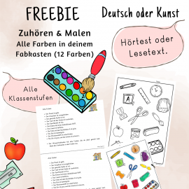 Kostenlose Hörübung für Kinder im Kindergarten, Vorschule, Grundschule, Förderschule oder im DaZ-Unterricht zu den Farben im Farbkasten.