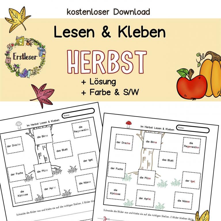 Kostenlos Arbeitsblatt Leseübung, Lesen lernen 1. Klasse, DaZ, Herbst