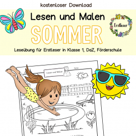 kostenloses Arbeitsblatt Lesen und Malen, Leseübung Klasse 1, DaZ Sommer, Lesenlernen