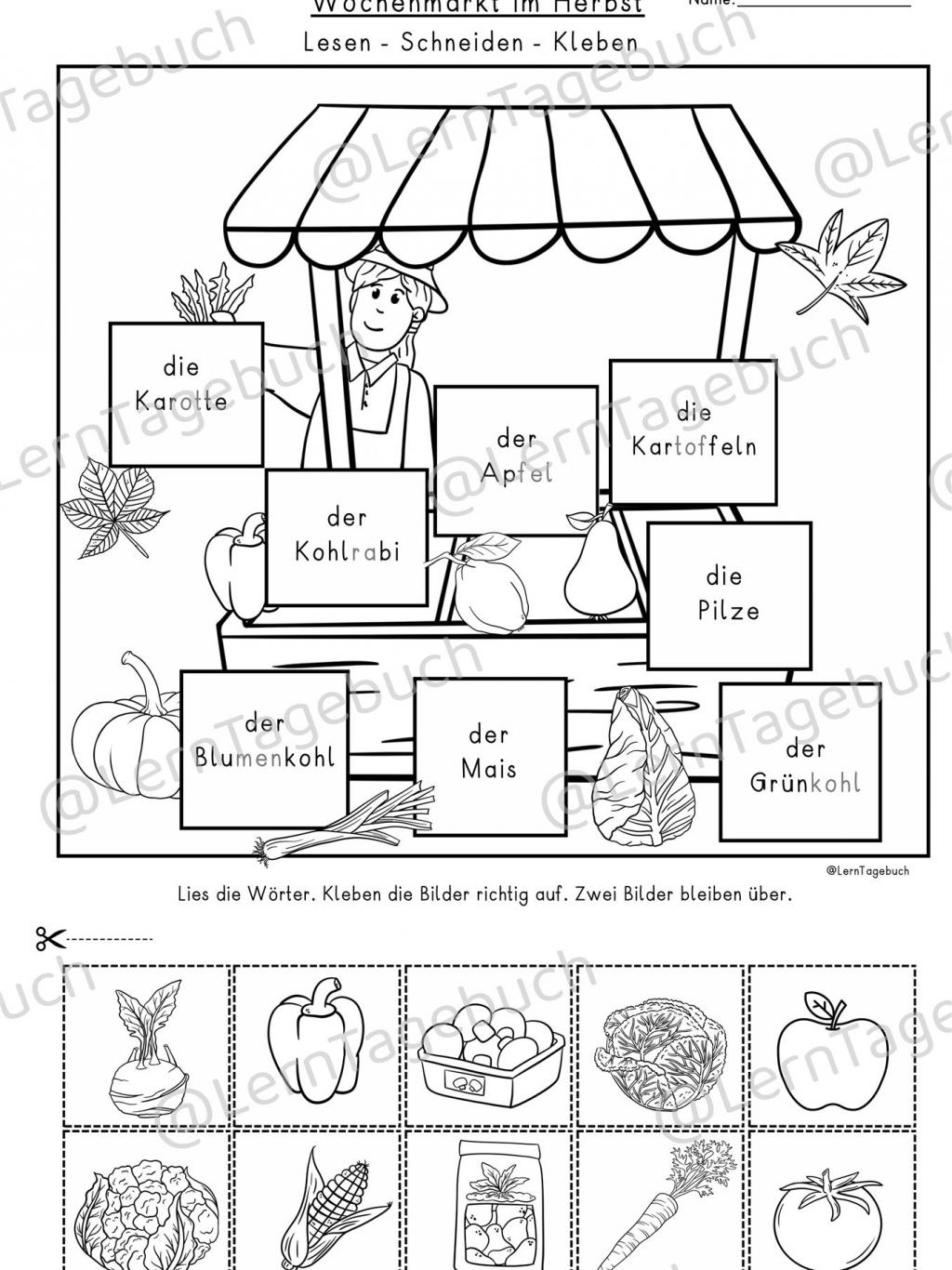 Lesen, Schneiden Kleben Herbst Wochenmarkt Lesenlernen Leseübung Klasse 1, DaZ