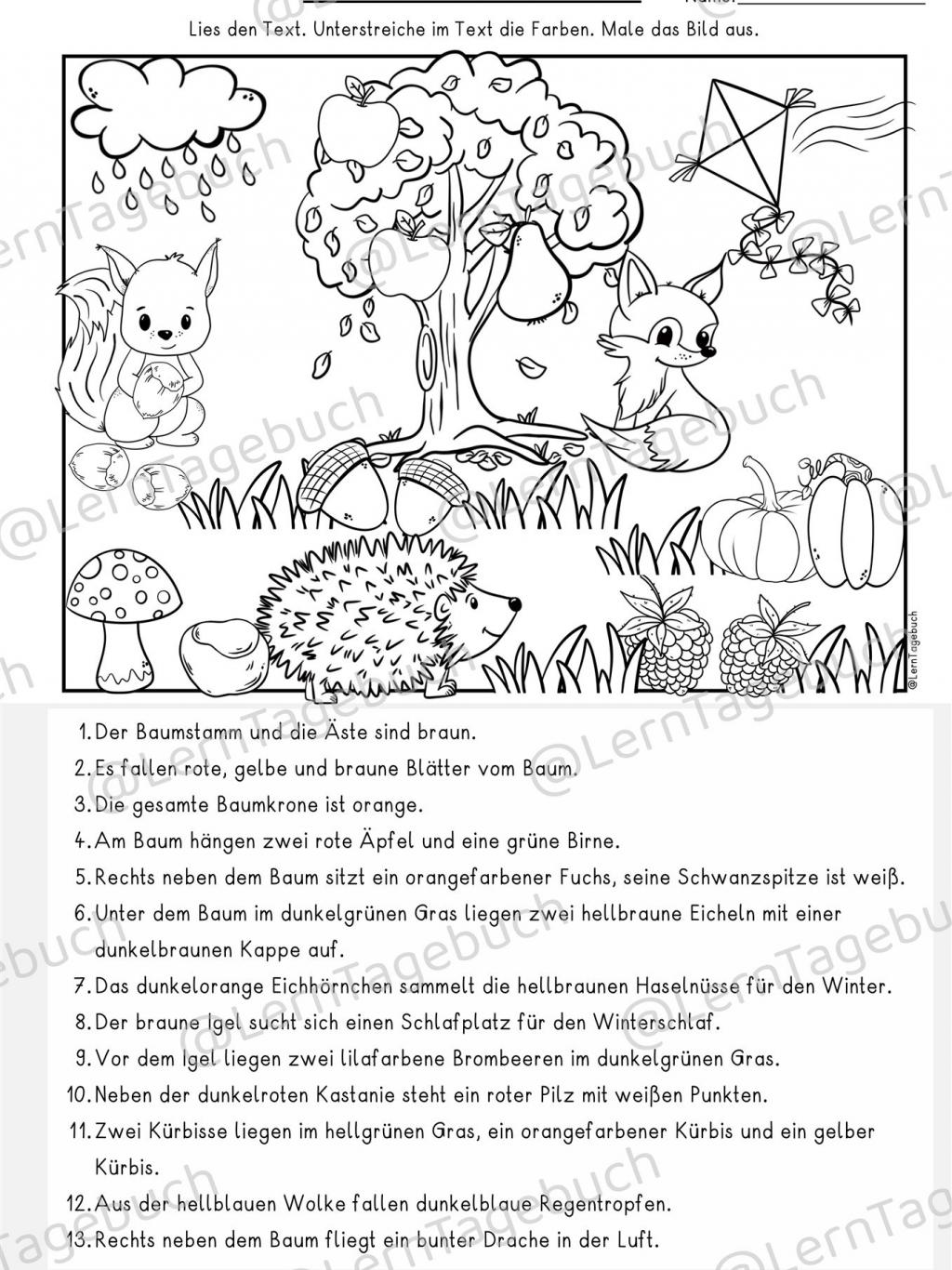 Sätze Lesen verstehen und Malen Herbst Klasse 2, 3 Deutsch