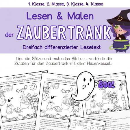 Leseübung Leseblatt Lesen verstehen und Malen Halloween Klasse 1 2 3 4 DaZ Förderschule