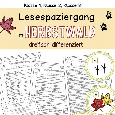 Lesen Lesespaziergang Klasse DaZ, 1, 2, 3, Herbst Lesepiel Deutsch Leseübung