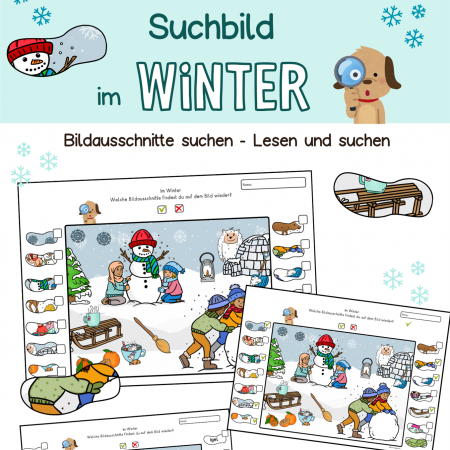 Suchbild, Wimmelbild Winter Bilder suchen, Kinder, Vorschule, Klasse 1, DaZ, Leseübung, Fördermaterial