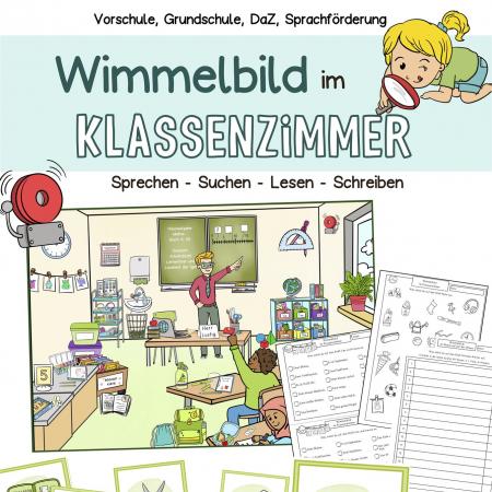 Wimmelbild, Bildkarten, Wortkarten, Wortschatz Schule, Klassenzimmer zur Sprachförderung von Kindern