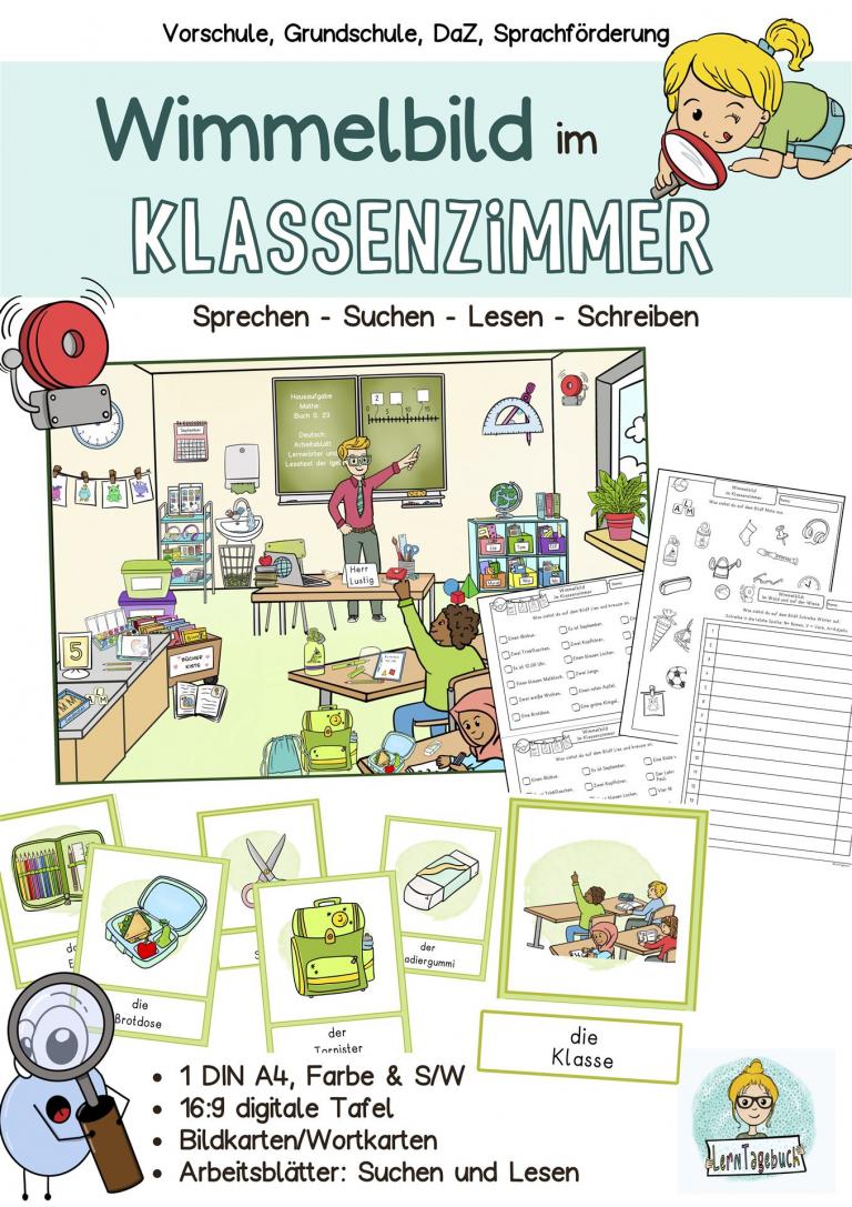 Wimmelbild, Bildkarten, Wortkarten, Wortschatz Schule, Klassenzimmer zur Sprachförderung von Kindern